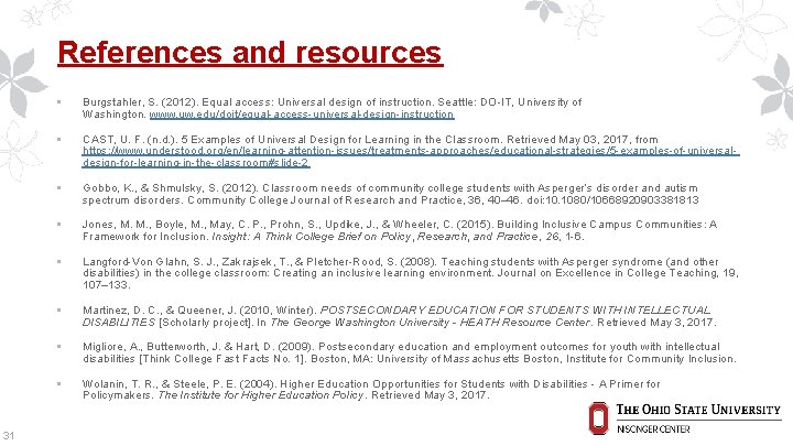 References and resources 31 • Burgstahler, S. (2012). Equal access: Universal design of instruction.