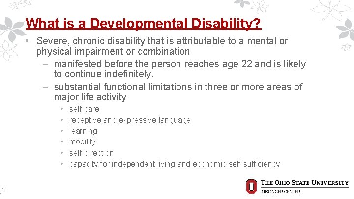 5 5 What is a Developmental Disability? • Severe, chronic disability that is attributable