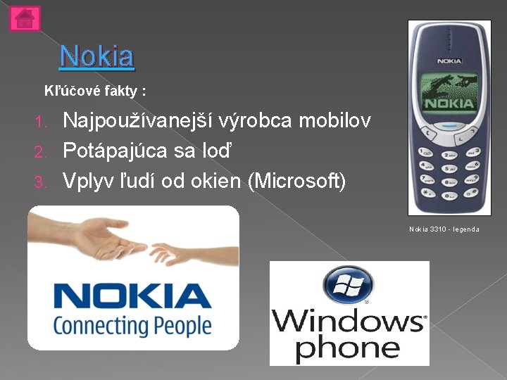 Nokia Kľúčové fakty : Najpoužívanejší výrobca mobilov 2. Potápajúca sa loď 3. Vplyv ľudí