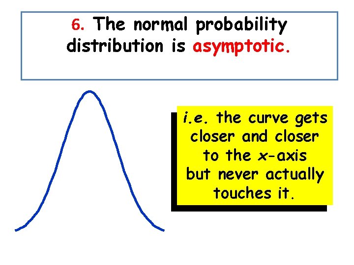 6. The normal probability distribution is asymptotic. i. e. the curve gets closer and