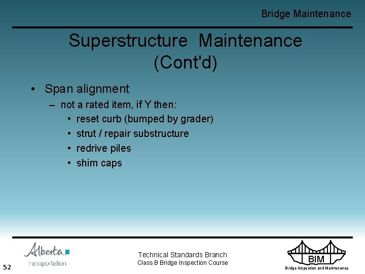 Bridge Maintenance Superstructure Maintenance (Cont'd) • Span alignment – not a rated item, if