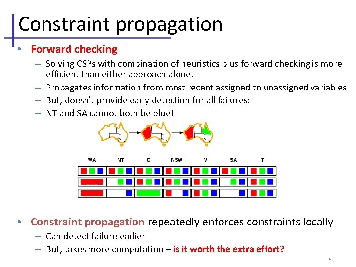 Constraint propagation • Forward checking – Solving CSPs with combination of heuristics plus forward