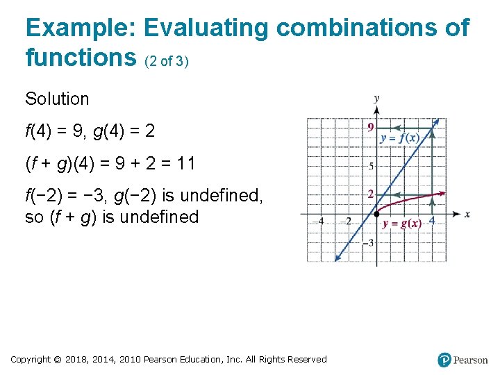 Example: Evaluating combinations of functions (2 of 3) Solution f(4) = 9, g(4) =