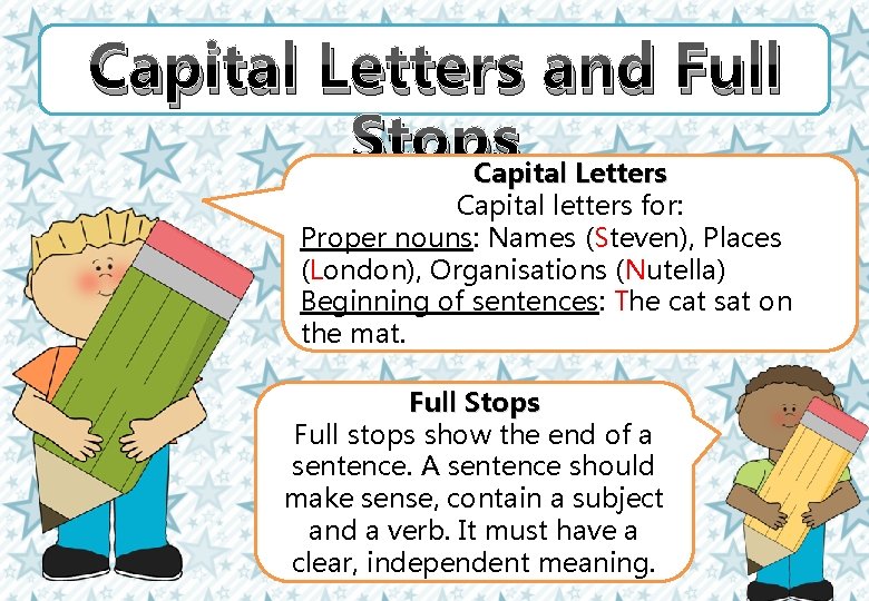 Capital Letters and Full Stops Capital Letters Capital letters for: Proper nouns: Names (Steven),