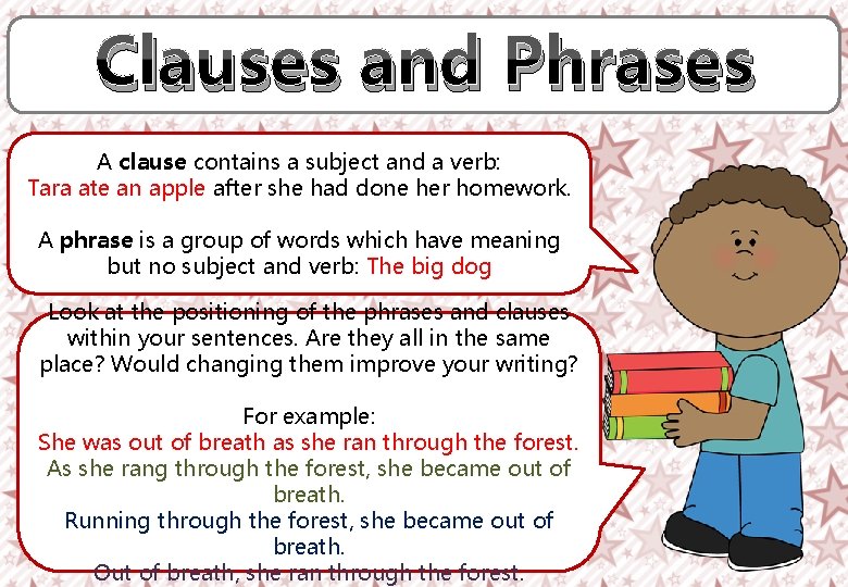 Clauses and Phrases A clause contains a subject and a verb: Tara ate an