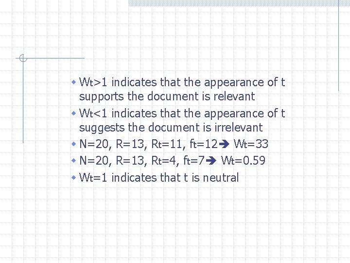 w Wt>1 indicates that the appearance of t supports the document is relevant w