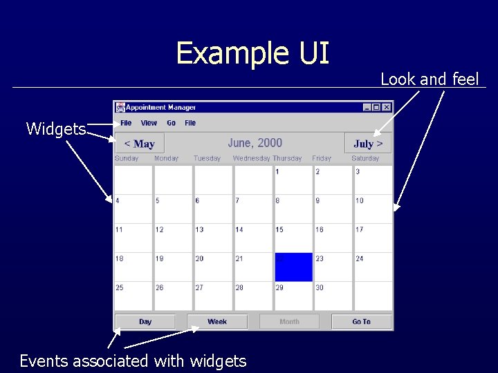 Example UI Widgets Events associated with widgets Look and feel 