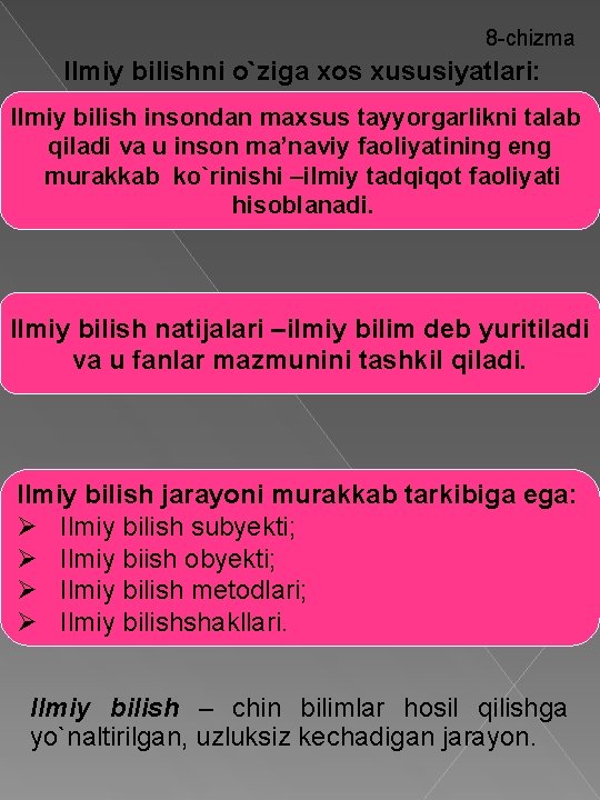 8 -chizma Ilmiy bilishni o`ziga xos xususiyatlari: Ilmiy bilish insondan maxsus tayyorgarlikni talab qiladi