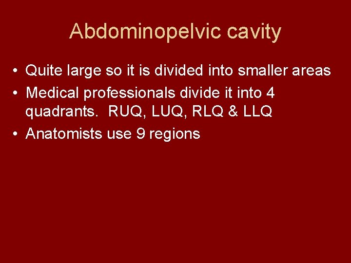 Abdominopelvic cavity • Quite large so it is divided into smaller areas • Medical Abdominopelvic cavity • Quite large so it is divided into smaller areas • Medical