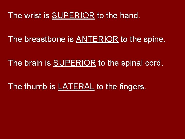 The wrist is SUPERIOR to the hand. The breastbone is ANTERIOR to the spine. The wrist is SUPERIOR to the hand. The breastbone is ANTERIOR to the spine.