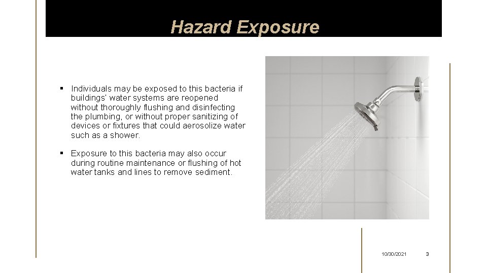 Hazard Exposure § Individuals may be exposed to this bacteria if buildings’ water systems
