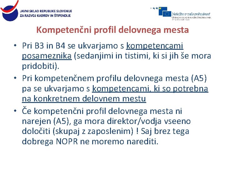 Kompetenčni profil delovnega mesta • Pri B 3 in B 4 se ukvarjamo s