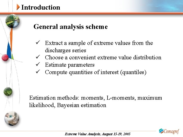 Introduction General analysis scheme ü Extract a sample of extreme values from the discharges