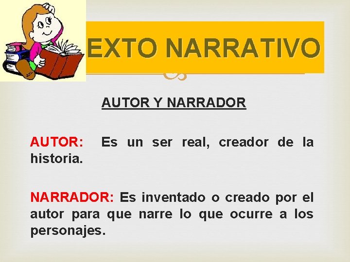 EL TEXTO NARRATIVO AUTOR Y NARRADOR AUTOR: historia. Es un ser real, creador de