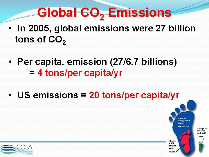 Global CO 2 Emissions • In 2005, global emissions were 27 billion tons of