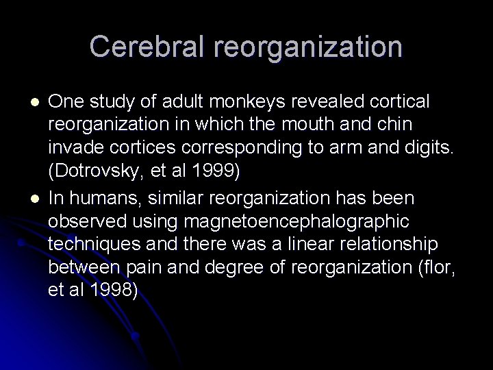 Cerebral reorganization l l One study of adult monkeys revealed cortical reorganization in which