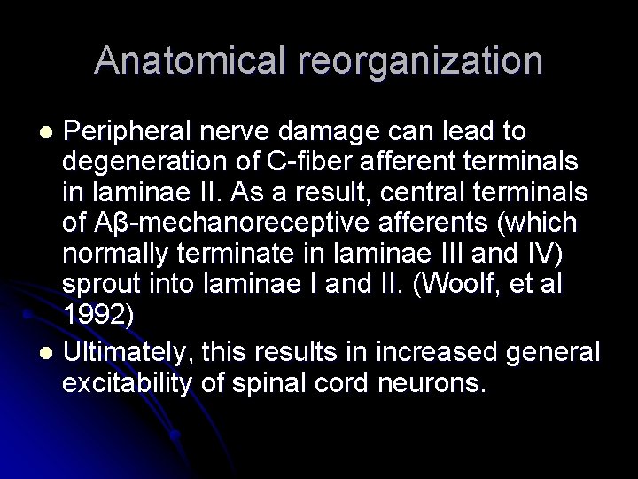 Anatomical reorganization Peripheral nerve damage can lead to degeneration of C-fiber afferent terminals in