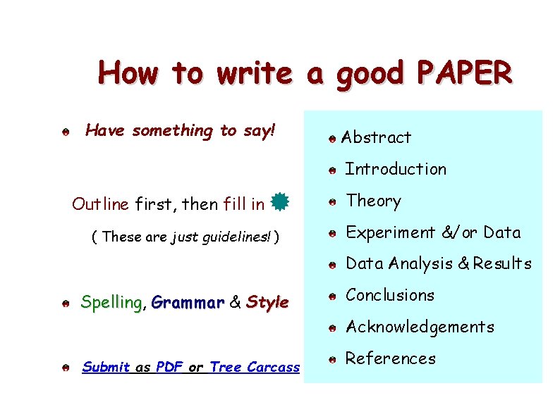 How to write a good PAPER Have something to say! Abstract Introduction Outline first,