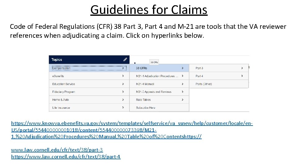 Guidelines for Claims Code of Federal Regulations (CFR) 38 Part 3, Part 4 and