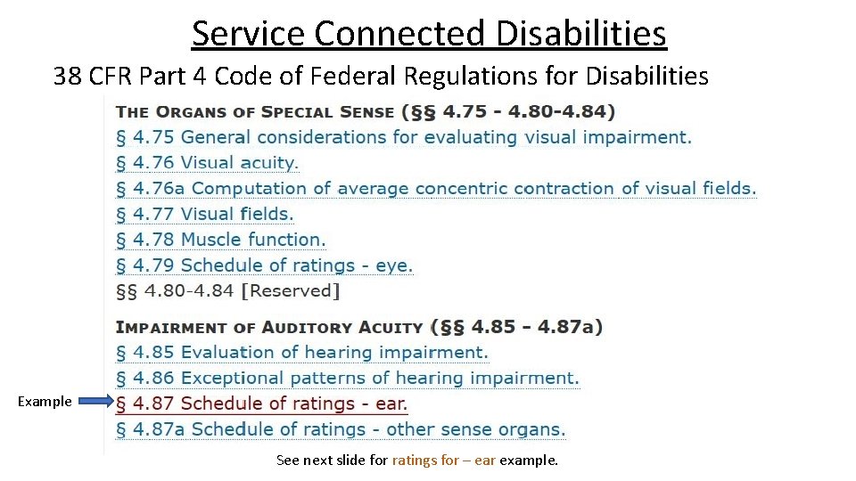 Service Connected Disabilities 38 CFR Part 4 Code of Federal Regulations for Disabilities Example