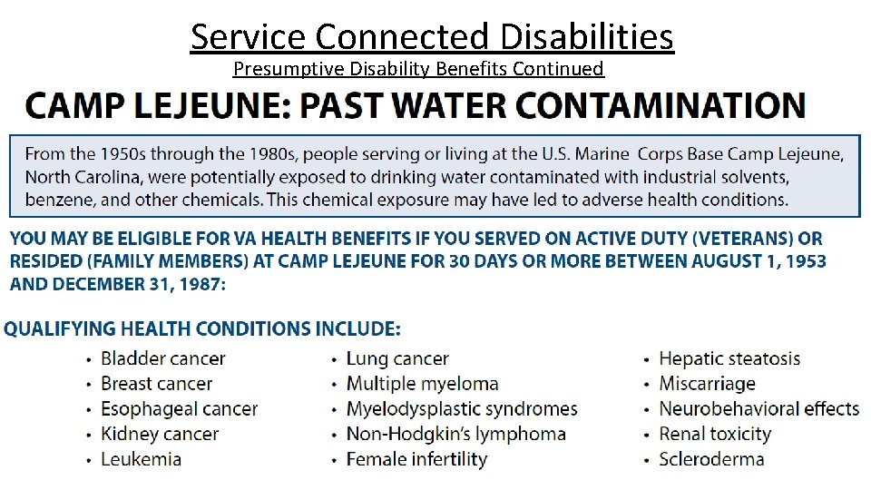 Service Connected Disabilities Presumptive Disability Benefits Continued 