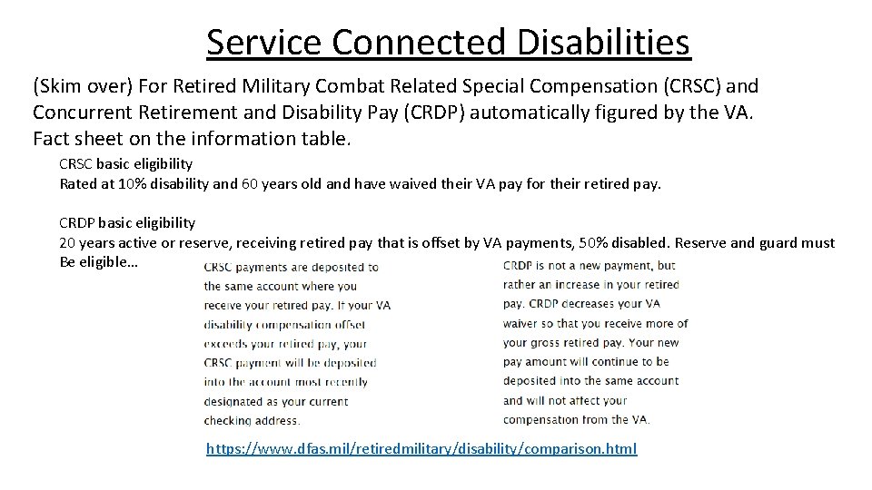 Service Connected Disabilities (Skim over) For Retired Military Combat Related Special Compensation (CRSC) and