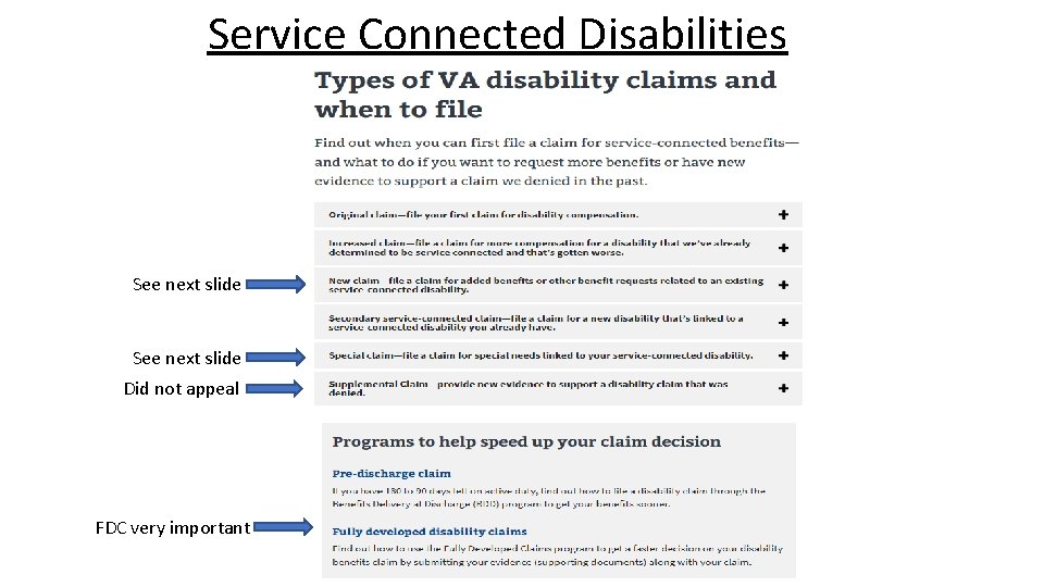 Service Connected Disabilities See next slide Did not appeal FDC very important 
