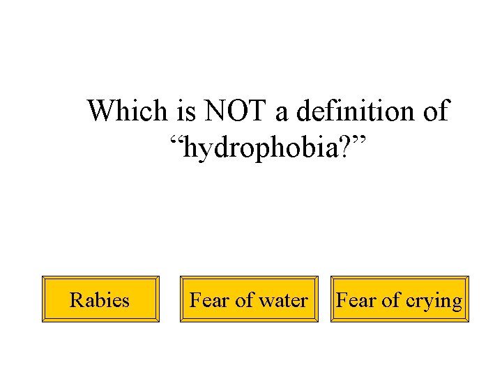 Which is NOT a definition of “hydrophobia? ” Rabies Fear of water Fear of