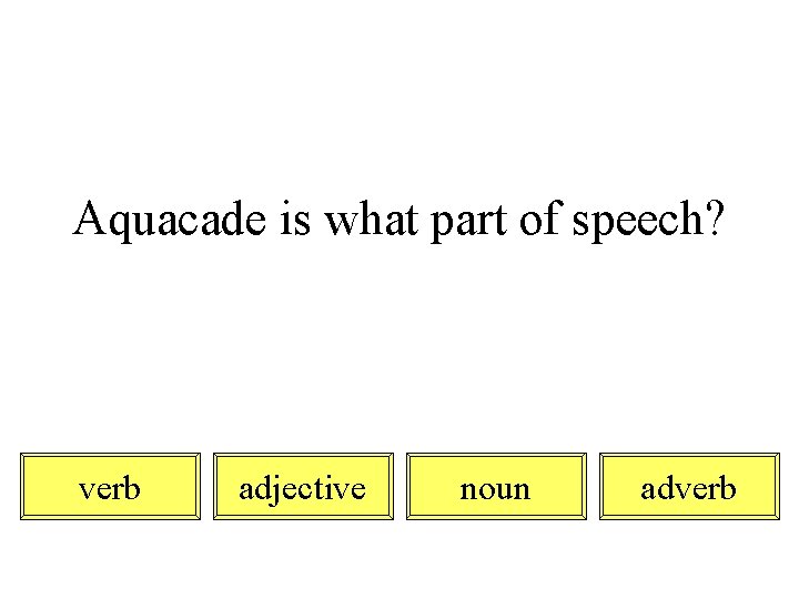 Aquacade is what part of speech? verb adjective noun adverb 