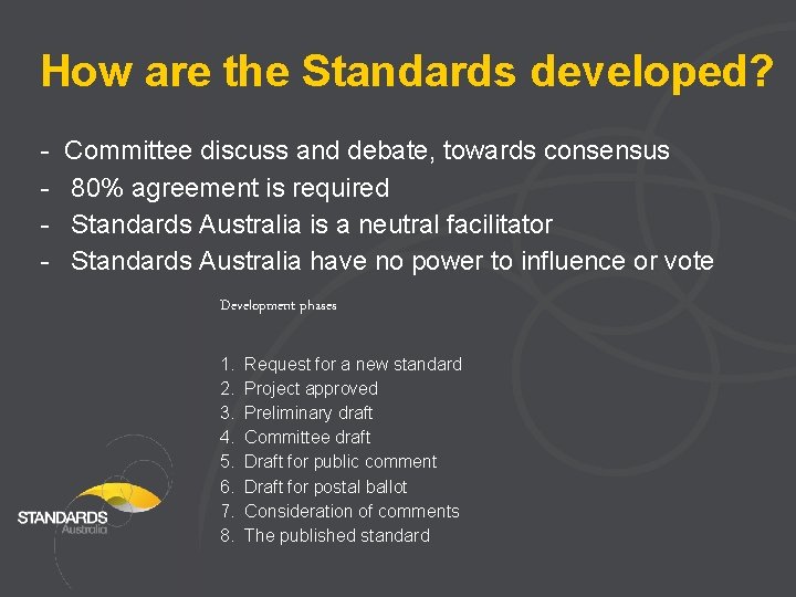How are the Standards developed? - Committee discuss and debate, towards consensus 80% agreement