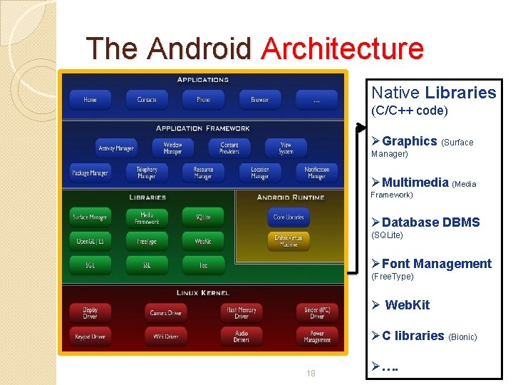 The Android Architecture Native Libraries (C/C++ code) ØGraphics (Surface Manager) ØMultimedia (Media Framework) ØDatabase