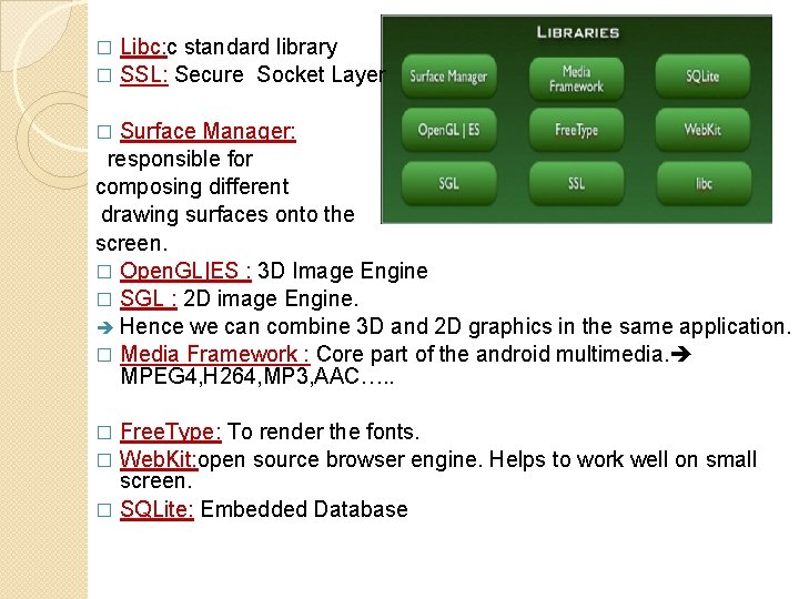 Libc: c standard library � SSL: Secure Socket Layer � Surface Manager: responsible for