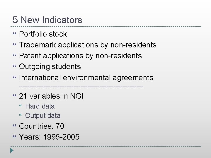 5 New Indicators Portfolio stock Trademark applications by non-residents Patent applications by non-residents Outgoing