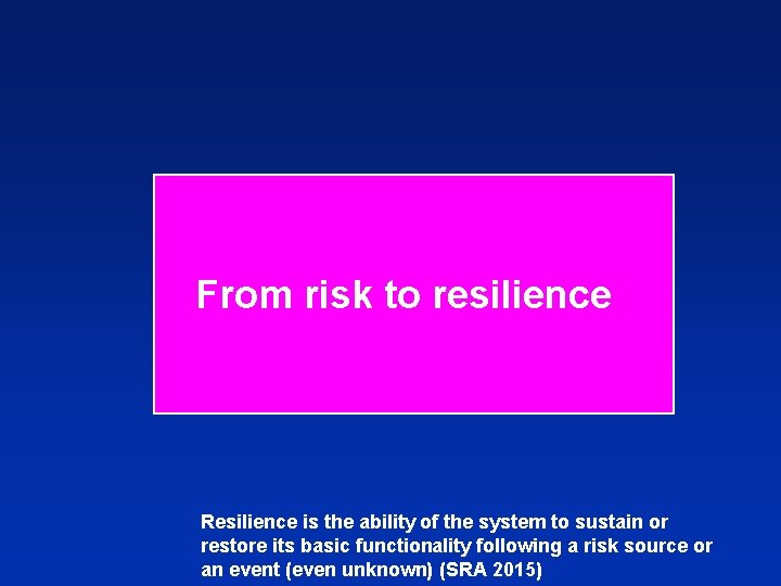 From risk to resilience Resilience is the ability of the system to sustain or