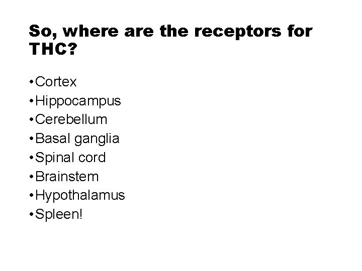 So, where are the receptors for THC? • Cortex • Hippocampus • Cerebellum •