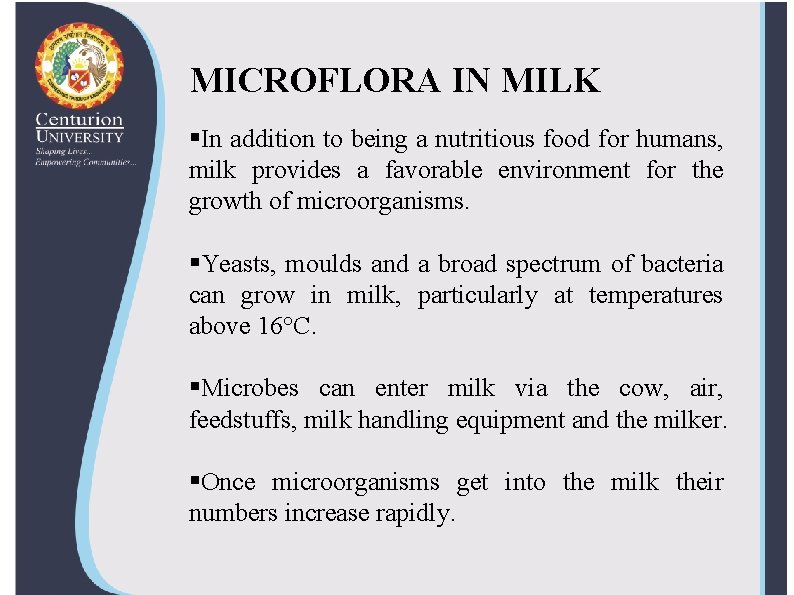 MICROFLORA IN MILK §In addition to being a nutritious food for humans, milk provides