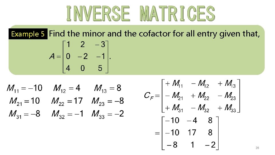 INVERSE MATRICES Example 5 Find the minor and the cofactor for all entry given