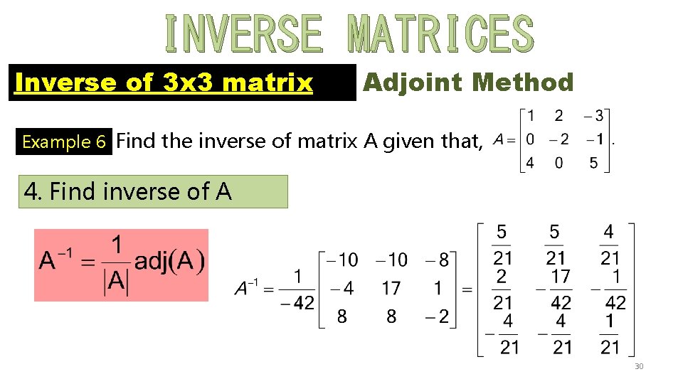 INVERSE MATRICES Inverse of 3 x 3 matrix Adjoint Method Example 6 Find the