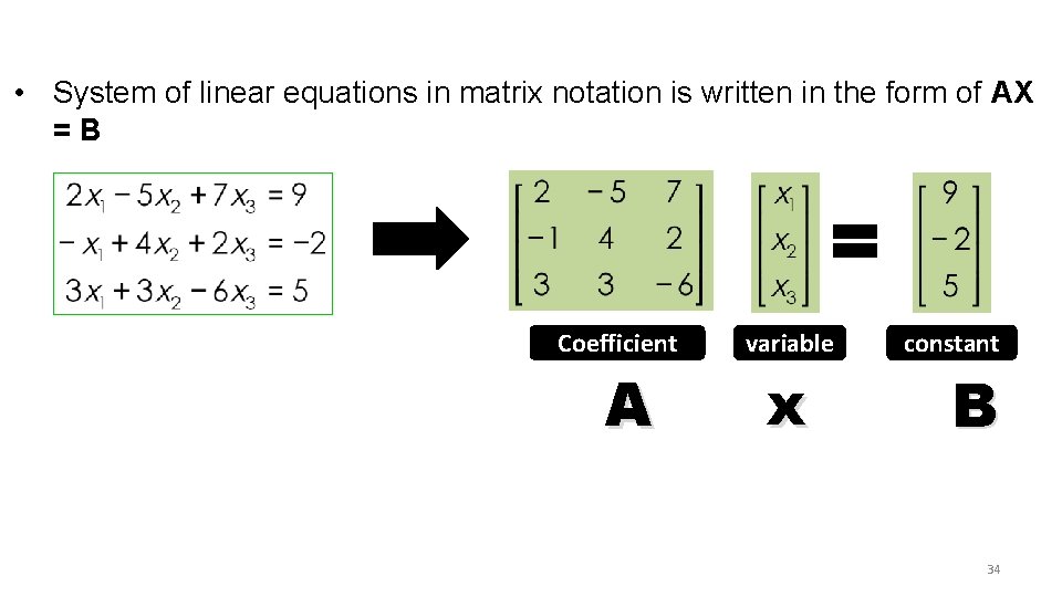  • System of linear equations in matrix notation is written in the form