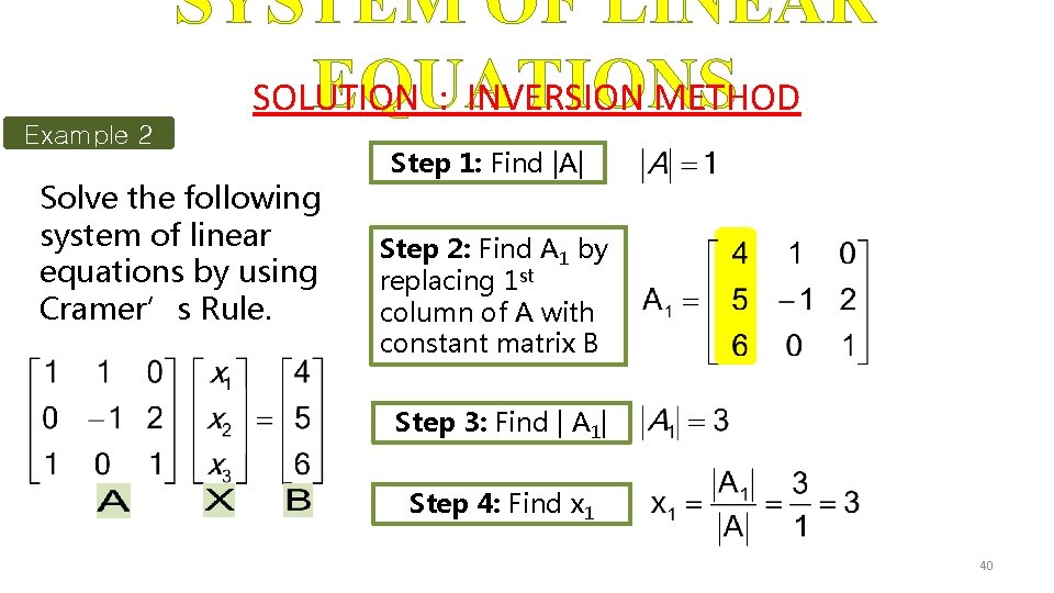 Example 2 SYSTEM OF LINEAR EQUATIONS SOLUTION : INVERSION METHOD Solve the following system