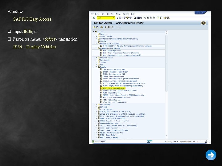 Window: SAP R/3 Easy Access q Input IE 36; or q Favorites menu, <Select>