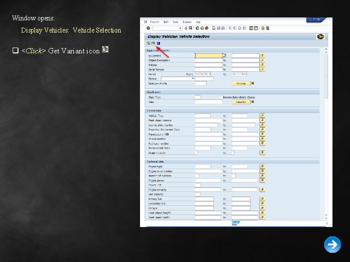 Window opens: Display Vehicles: Vehicle Selection q <Click> Get Variant icon 