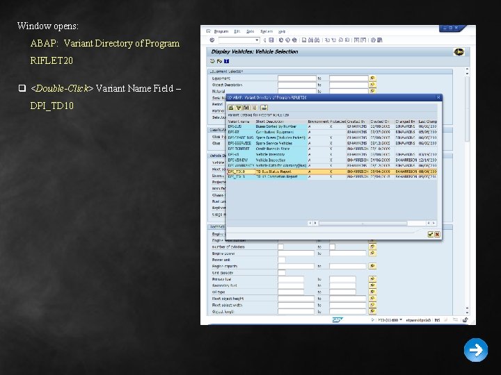 Window opens: ABAP: Variant Directory of Program RIFLET 20 q <Double-Click> Variant Name Field