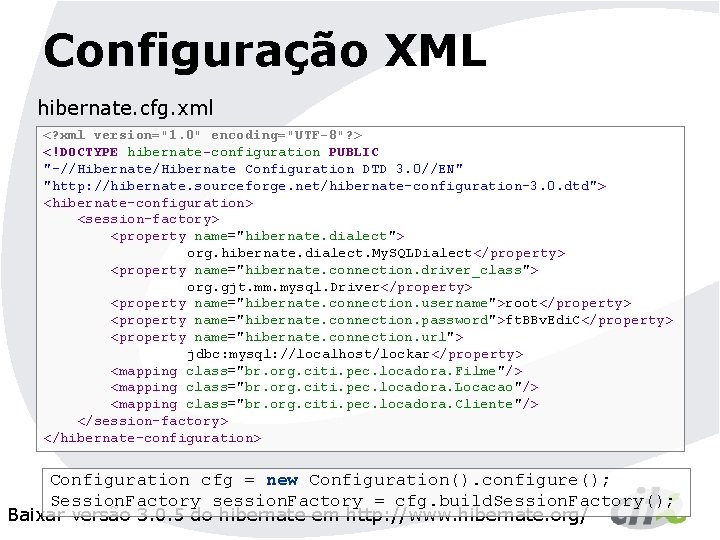 Configuração XML hibernate. cfg. xml <? xml version="1. 0" encoding="UTF-8"? > <!DOCTYPE hibernate-configuration PUBLIC