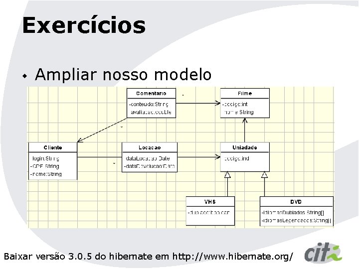 Exercícios w Ampliar nosso modelo Baixar versão 3. 0. 5 do hibernate em http: