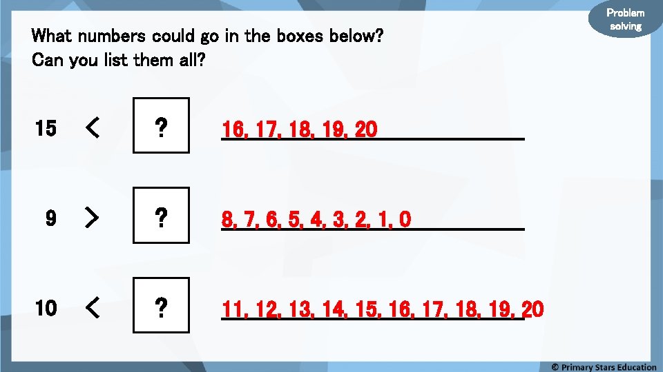 What numbers could go in the boxes below? Can you list them all? 15
