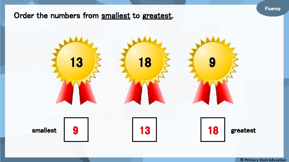Fluency Order the numbers from smallest to greatest. smallest 13 18 9 9 13
