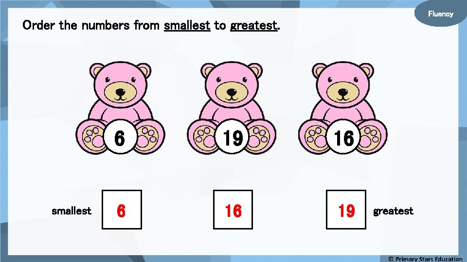 Fluency Order the numbers from smallest to greatest. smallest 6 19 16 6 16