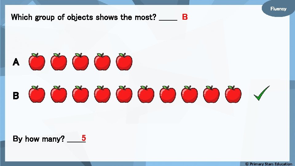 Fluency Which group of objects shows the most? _______ B A B By how
