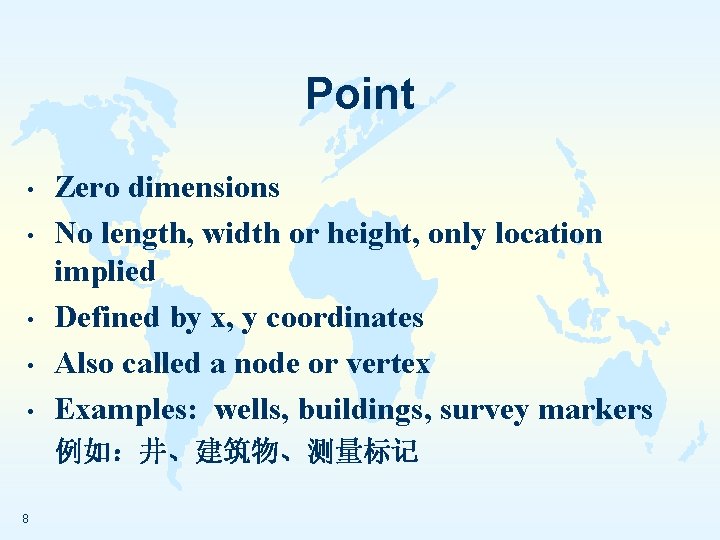 Point • • • Zero dimensions No length, width or height, only location implied
